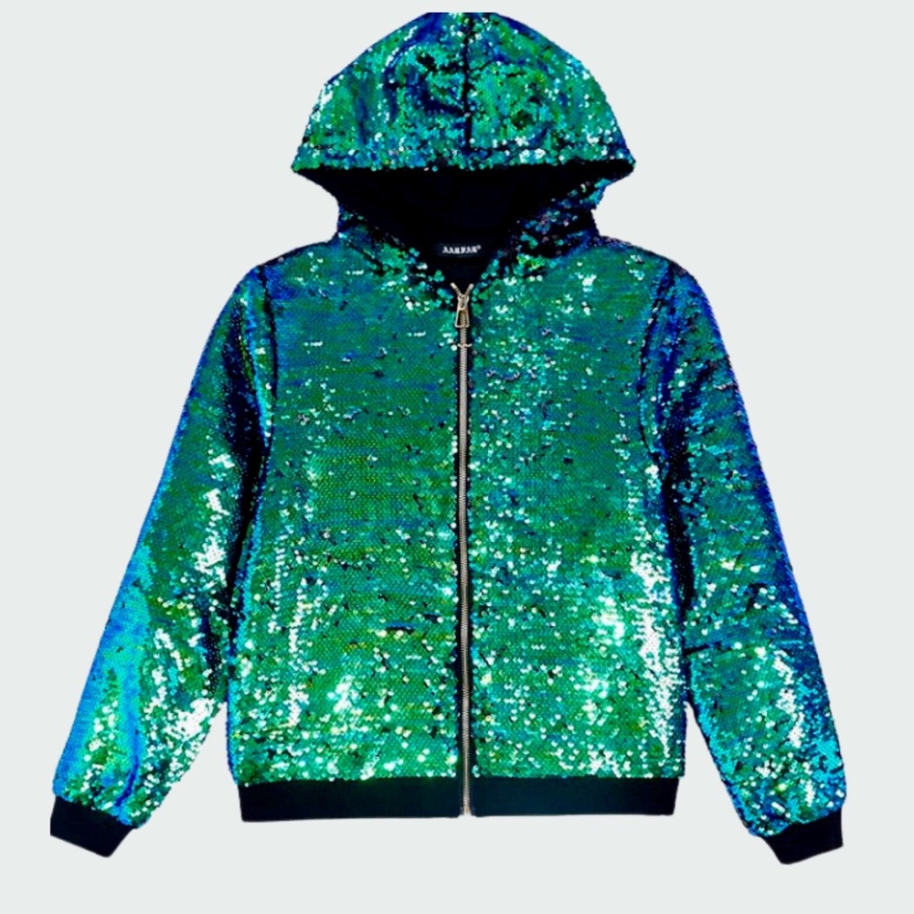 Sequin Hoodie Zip-Up Jacket Sparkly Mermaid to Black Women's Medium BNWT